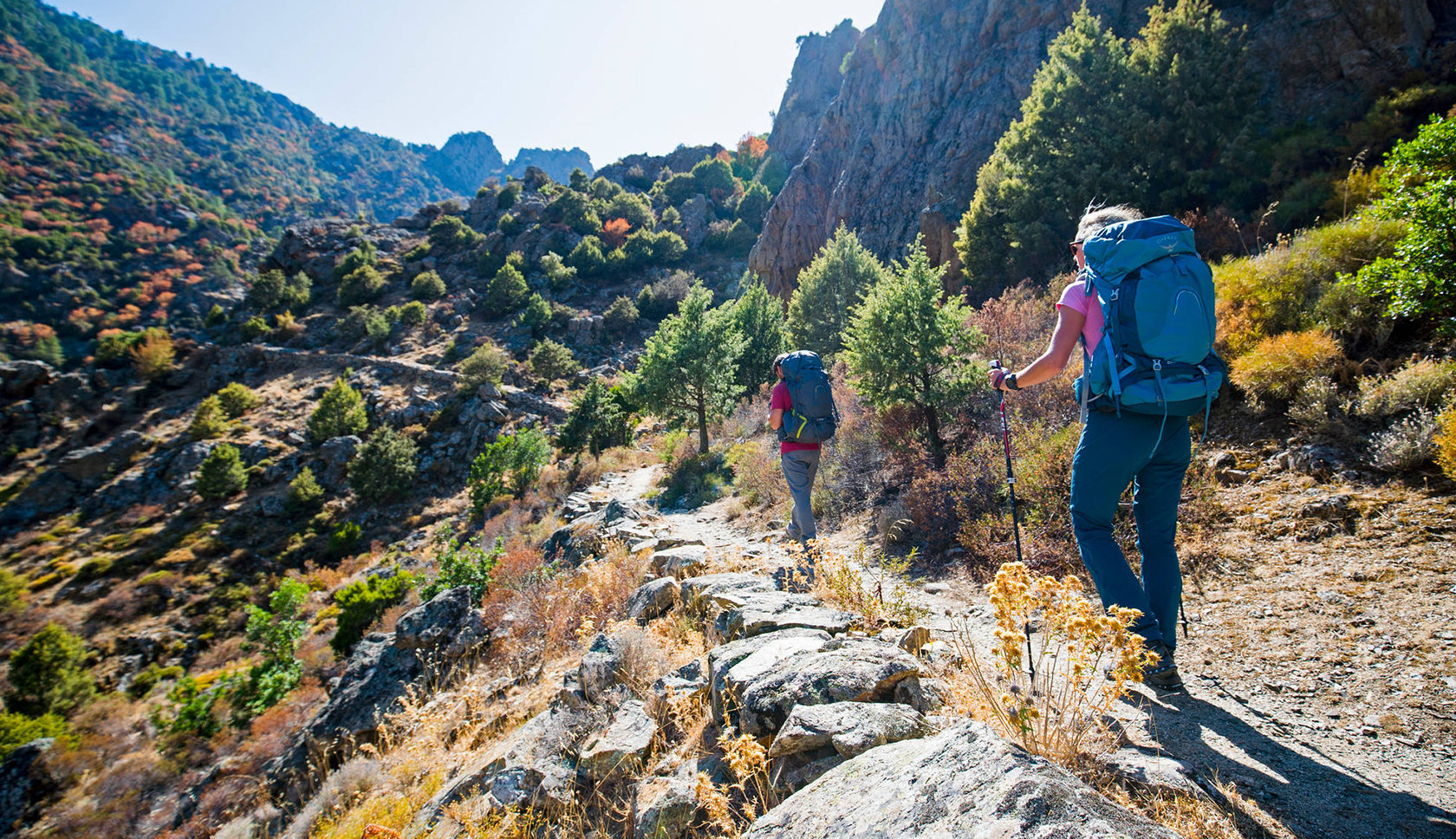 bergwandelaars met osprey rugzakken op