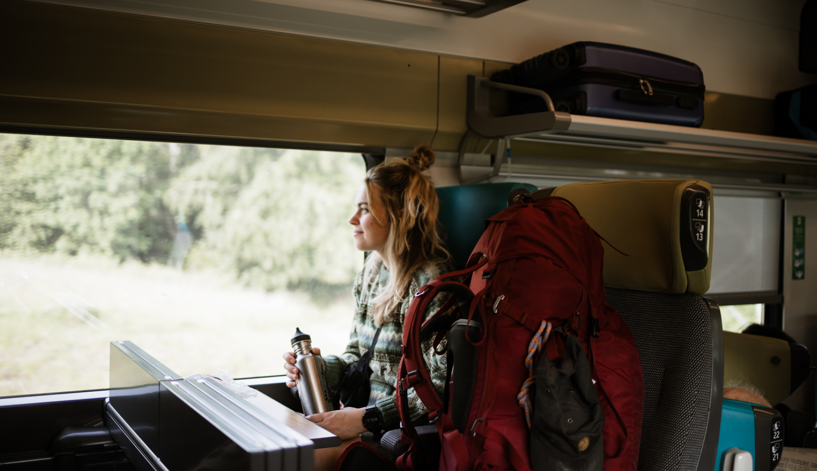 backpacker in de trein op weg naar bestemming